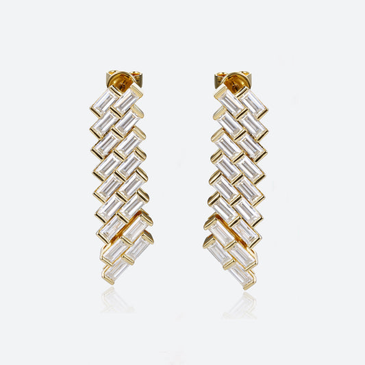 Baguette Cut Lab Grown Diamond Modern Geometric Drop Earrings in Yellow Gold