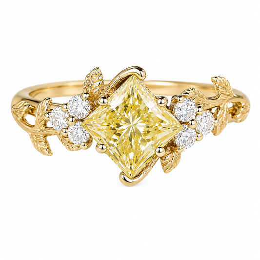 1.5ct Fancy Yellow VS+ Princess Cut Lab Grown Yellow Diamond Olive Leaves 4-Prong Engagement Ring in Rose Gold