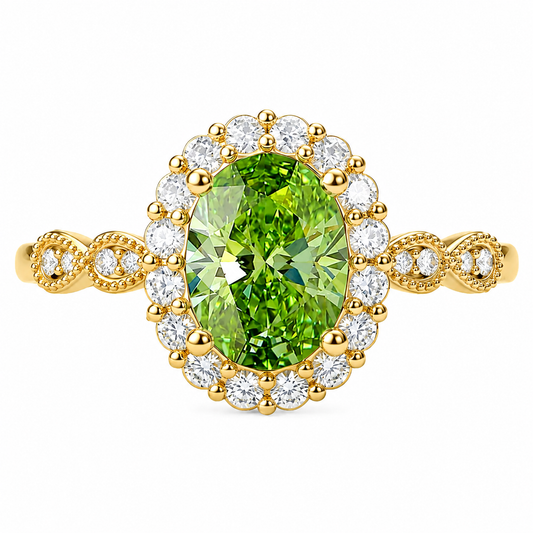 1ct Fancy Green VS+ Oval Cut Lab Grown Green Diamond Halo Milgrain 4-Prong Engagement Ring in Yellow Gold