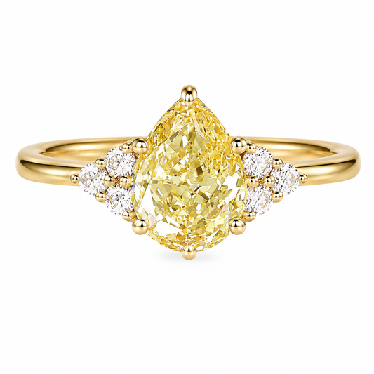 1ct Fancy Yellow VS+ Pear Shaped Lab Grown Yellow Diamond Cluster 6-Prong Engagement Ring in Yellow Gold
