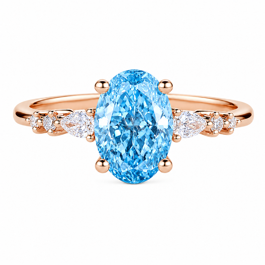 1.5ct Fancy Blue VS+ Oval Cut Lab Grown Blue Diamond Classic Side Stones 4-Prong Engagement Ring in Yellow Gold