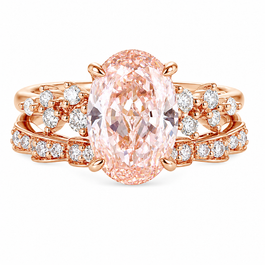 3ct Fancy Pink VS+ Oval Cut Lab Grown Pink Diamond Art Nouveau 4 Claw Prong Bridal Ring Set in Yellow Gold