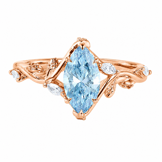 1ct Fancy Blue VS+ Marquise Cut Lab Grown Blue Diamond Leaf Vine 6 Claw Prong Engagement Ring in White Gold