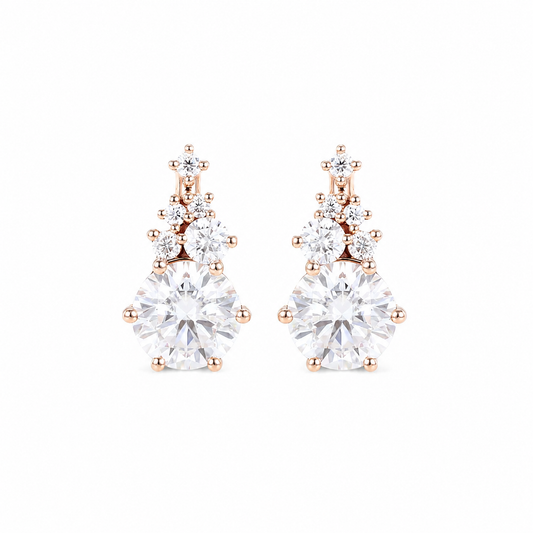Round Cut Lab Grown Diamond Cluster Six-Prong Stud Earrings in Rose Gold